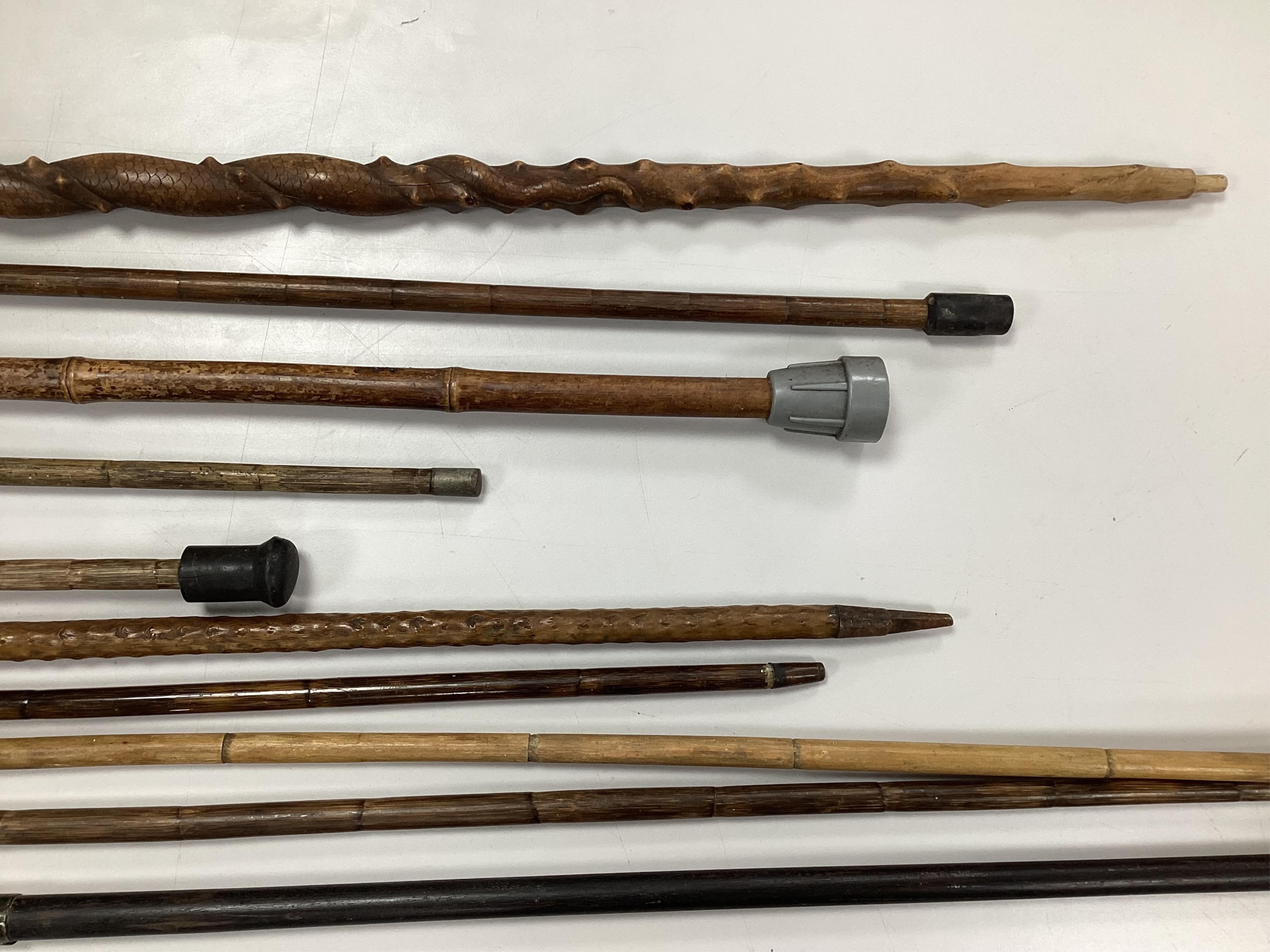 A collection of ten carved walking sticks, some silver mounted